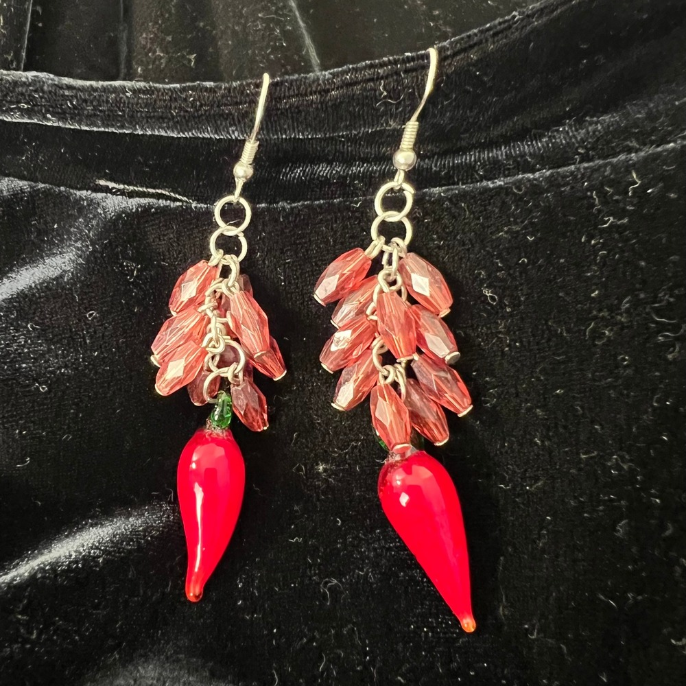 Chili Pepper Drop Earrings Glass Texas Rodeo Cowboy Western Artsy Unique NEW